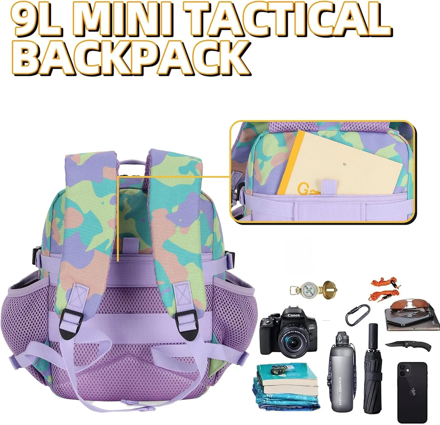 9L Tactical Assault Gym Backpack Hiking Travel Backpack Camping(Purple Green and Yellow)