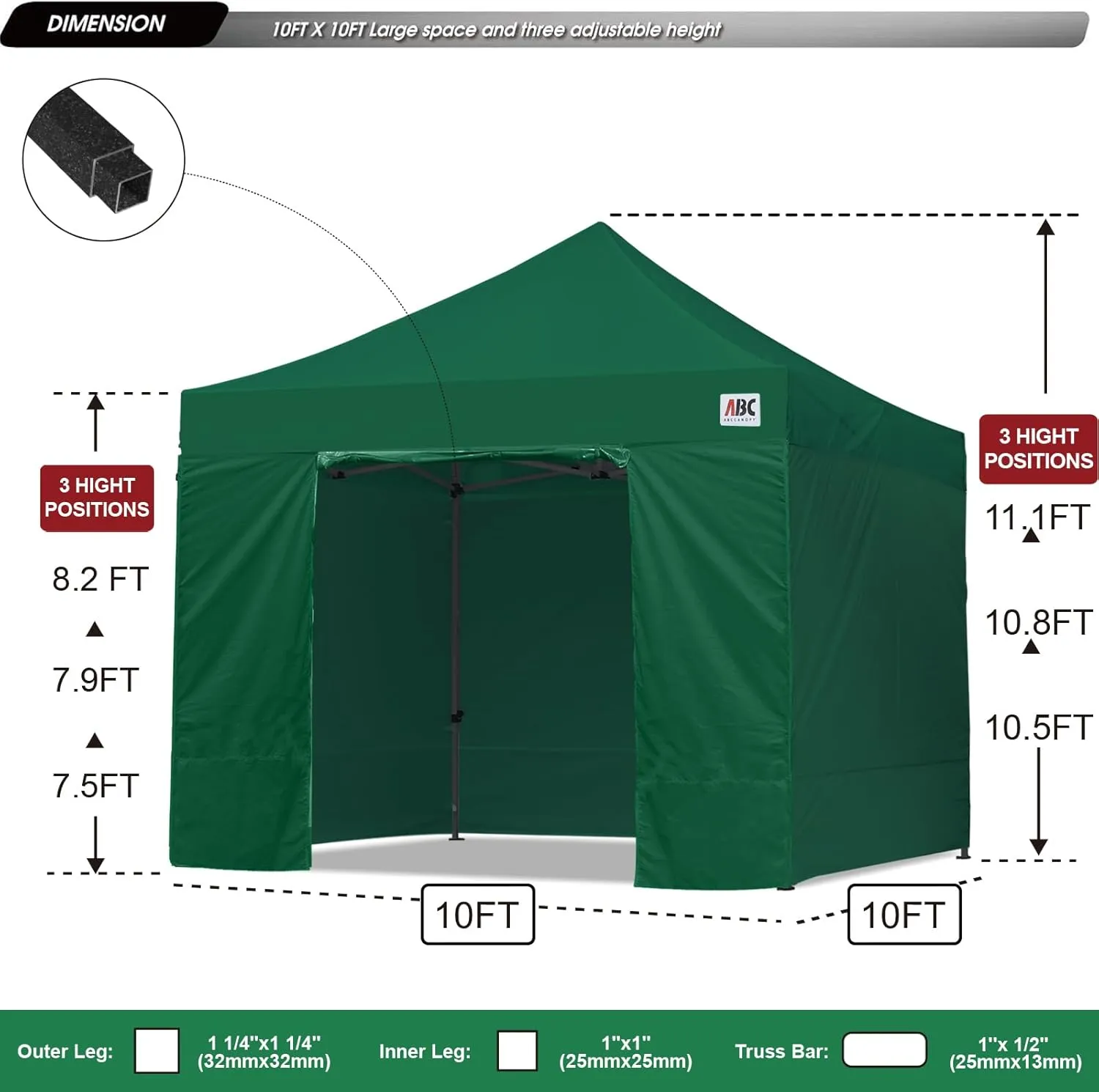 ABCCANOPY Heavy Duty Easy Pop up Canopy Tent with Sidewalls 10x10, Forest Green