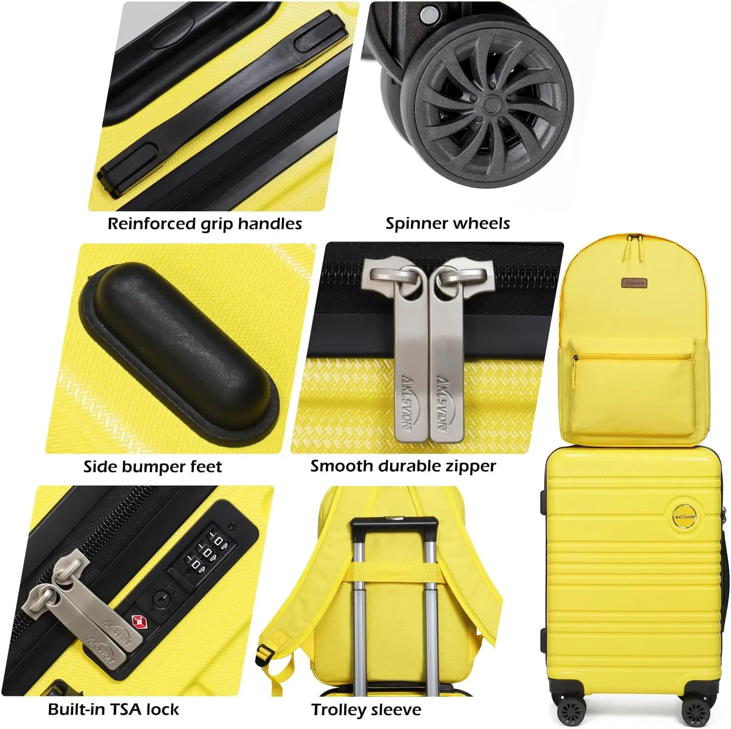ABS PC Carry on Luggage set with backpack 3 Pcs suitcace with Spinner wheels TSA Lock 20-In hardshell Lightweight Luggage set(Yellow)