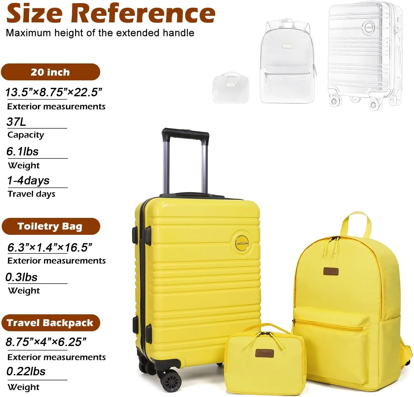 ABS PC Carry on Luggage set with backpack 3 Pcs suitcace with Spinner wheels TSA Lock 20-In hardshell Lightweight Luggage set(Yellow)
