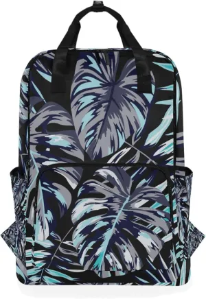 Acpiggto Laptop Backpack Tote Daypack Blue Navy Tropical Palm Leaves Exotic Shoulder Bag With Padded Shoulder Strap Large Medium Size