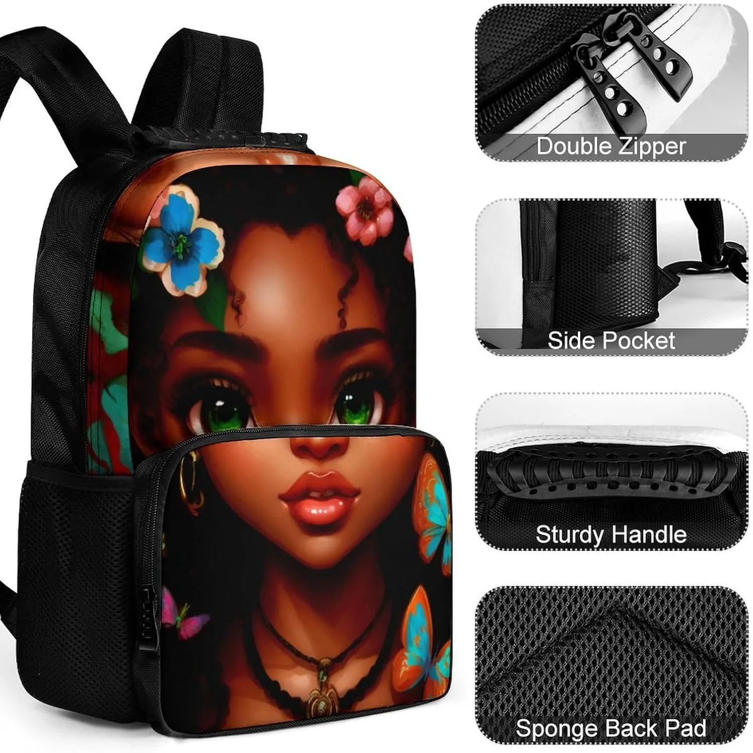 Adults Lightweight African American Women Black Woman Butterfly Flower Art Rucksacks Large Capacity Bookbag With Adjustable Shoulder Straps for Trekking Outdoors Bicycle