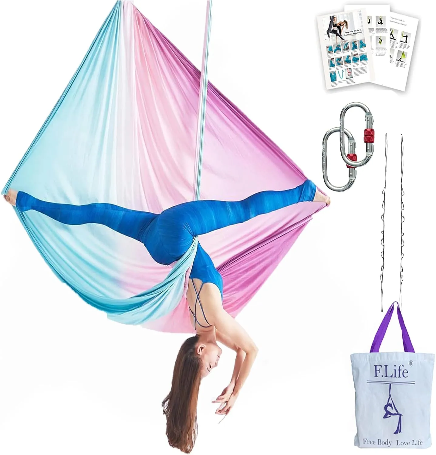 Aerial Yoga Hammock kit- Yoga Swing Multicolor 5 yards-Flying Yoga Include Daisy Chain,Carabiner and Pose Guide