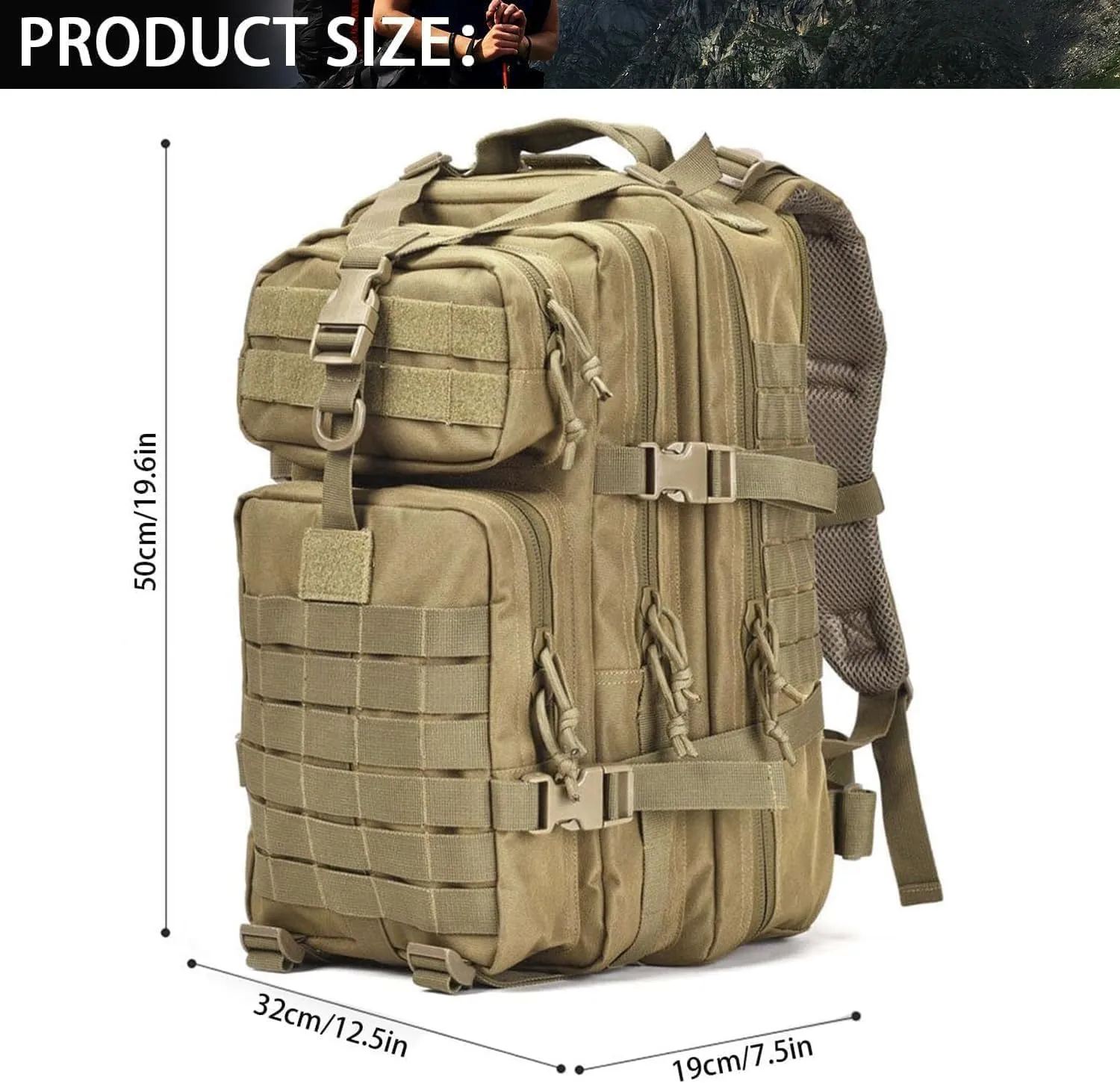 aiGear Tactical Backpack for Men, 45L Military Backpack, 3-Day Bug Out Bag for Camping Hiking Hunting with Molle System Army Daypack (45L Khaki)