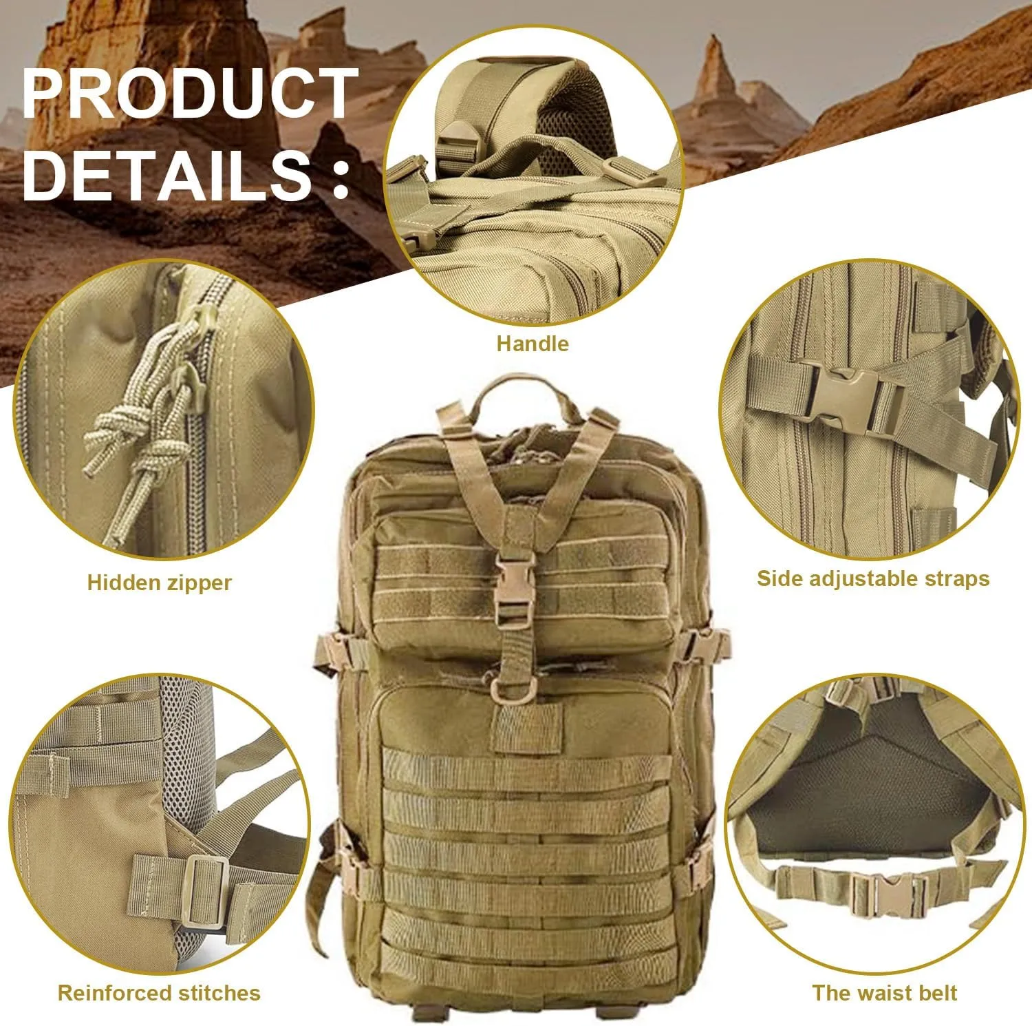 aiGear Tactical Backpack for Men, 45L Military Backpack, 3-Day Bug Out Bag for Camping Hiking Hunting with Molle System Army Daypack (45L Khaki)