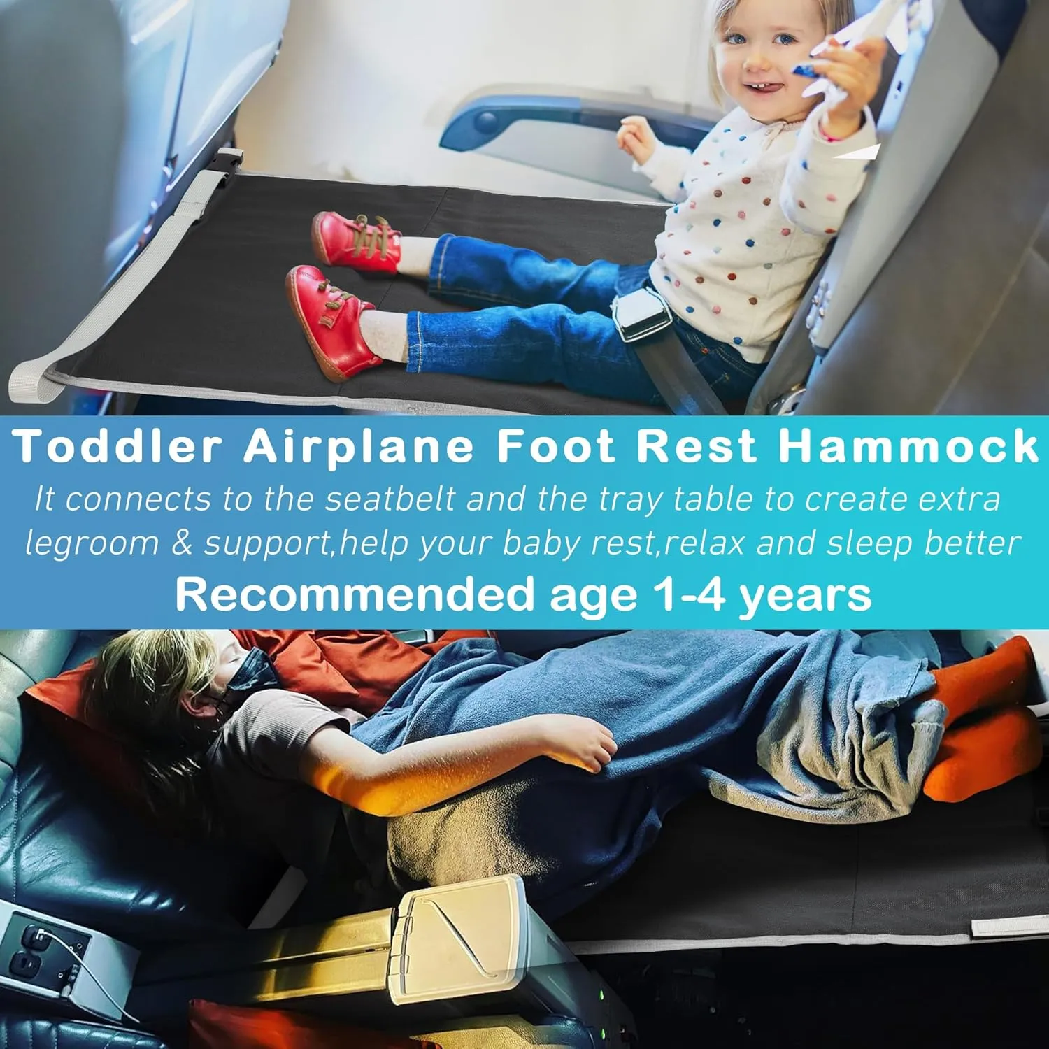 Airplane Bed for Toddler, Airplane Travel Bed Seat Extender with Magnetic Folding Puzzle, Airplane Leg Rest for Kids to Lie Down, Baby Travel Essentials for Flying Sleeping,Sky Black