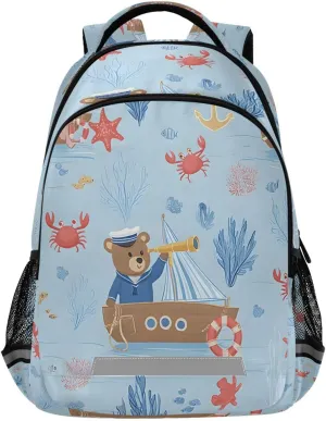 ALAZA Kids Backpack for Boys Girls,Bear Sailboat Sea Crab Shell School Backpack Preschool Elementary Kindergarten School Bag Bookbag Travel Laptop Bag Casual Daypack