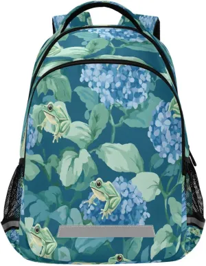 ALAZA Kids Backpack for Boys Girls,Frog Blue Hydrangea Floral School Backpack Preschool Elementary Kindergarten School Bag Bookbag Travel Laptop Bag Casual Daypack