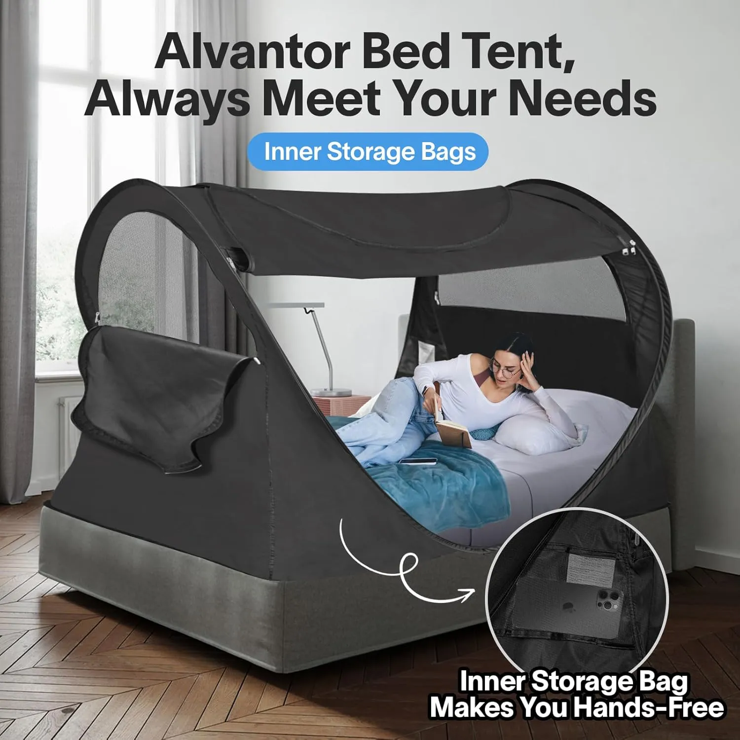 Alvantor Privacy Pop Up Bed Tent for Twin Bed, Easy Setup Blackout and Breathable Mesh Bed Canopy Lightweight Portable Sleep Pod with Carry Bag Dream Tent for Indoor Outdoor Use- Twin/Black
