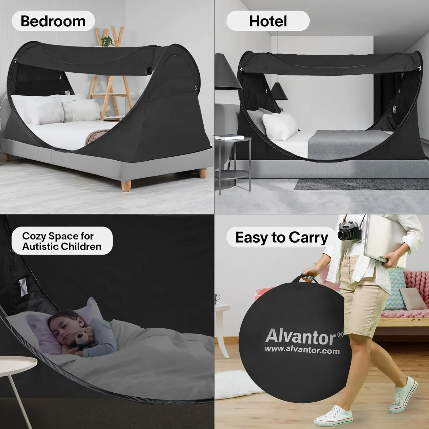 Alvantor Privacy Pop Up Bed Tent for Twin Bed, Easy Setup Blackout and Breathable Mesh Bed Canopy Lightweight Portable Sleep Pod with Carry Bag Dream Tent for Indoor Outdoor Use- Twin/Black
