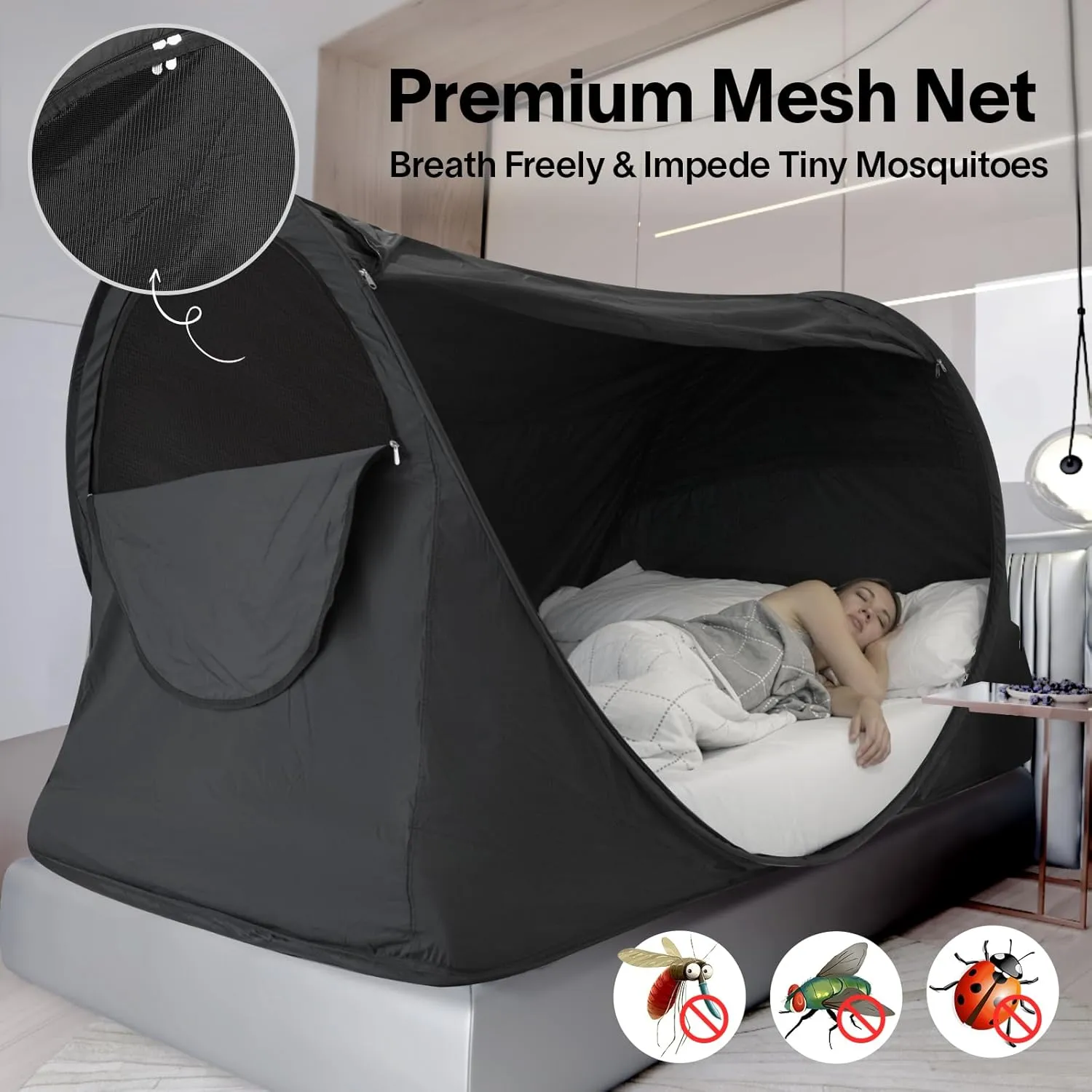 Alvantor Privacy Pop Up Bed Tent for Twin Bed, Easy Setup Blackout and Breathable Mesh Bed Canopy Lightweight Portable Sleep Pod with Carry Bag Dream Tent for Indoor Outdoor Use- Twin/Black