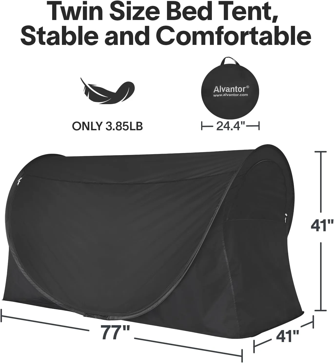Alvantor Privacy Pop Up Bed Tent for Twin Bed, Easy Setup Blackout and Breathable Mesh Bed Canopy Lightweight Portable Sleep Pod with Carry Bag Dream Tent for Indoor Outdoor Use- Twin/Black