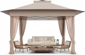 Amada 13x13 Pop Up Gazebo, One Push Outoor Canopy Tent with Wheeled Cover Bag, Pop Up Canopy with Netting for Patio, Party, Backyard,3-Speed Adjustable, Brown