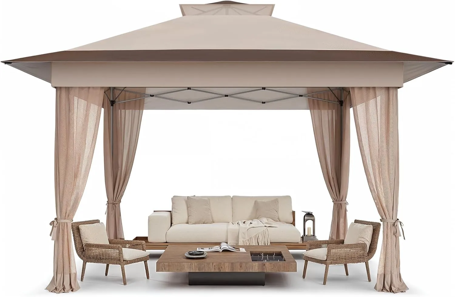 Amada 13x13 Pop Up Gazebo, One Push Outoor Canopy Tent with Wheeled Cover Bag, Pop Up Canopy with Netting for Patio, Party, Backyard,3-Speed Adjustable, Brown