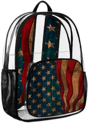 American Flag Clear Backpack Heavy Duty Transparent Bag See Through BookBag Daypacks Rustic Flag Clear Backpacks for Adult Work Festival Sport Travel Beach