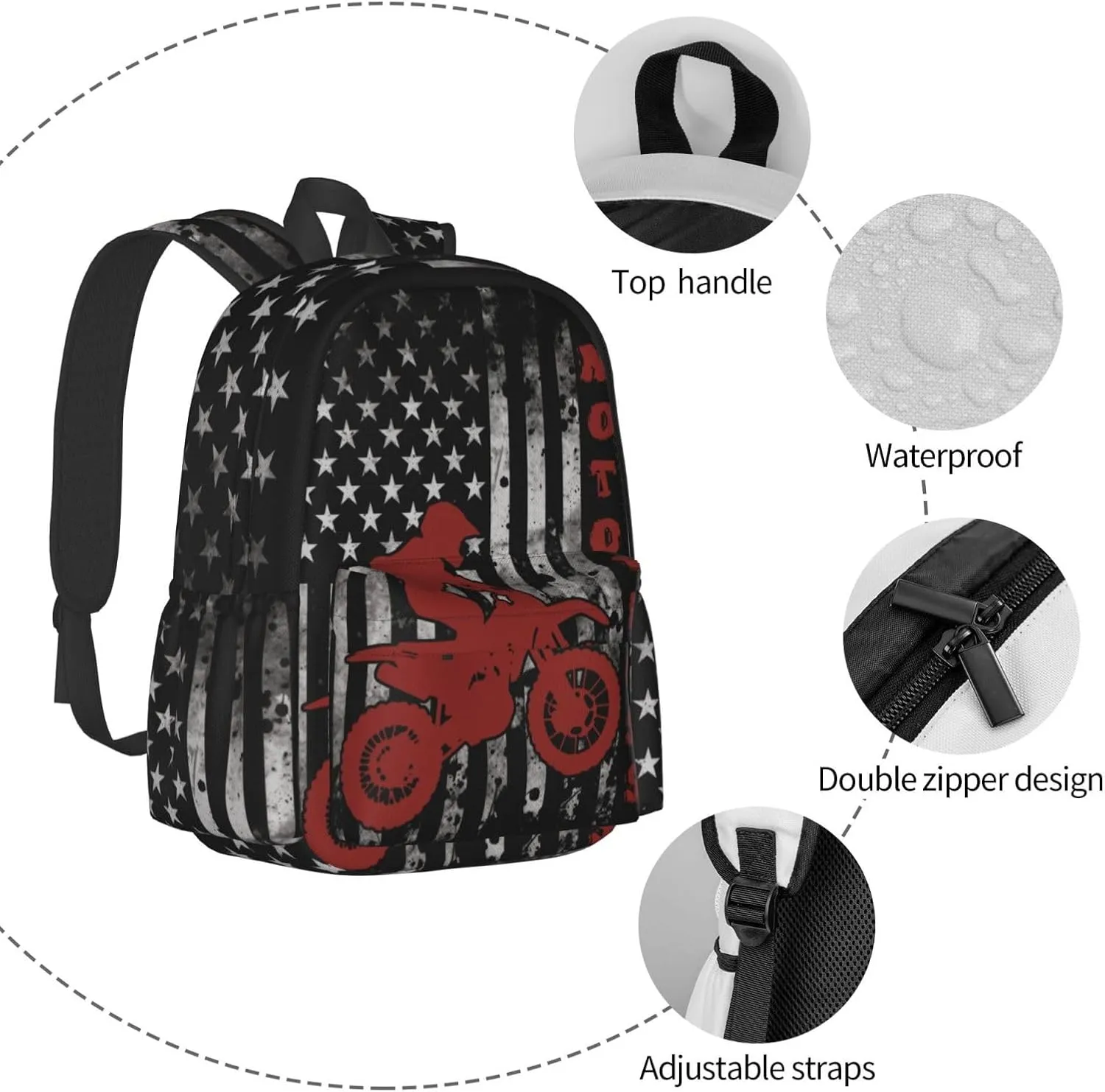 American Flag Motocross Backpack Laptop Backpacks Multipurpose Daypack For Men Women Travel Hiking