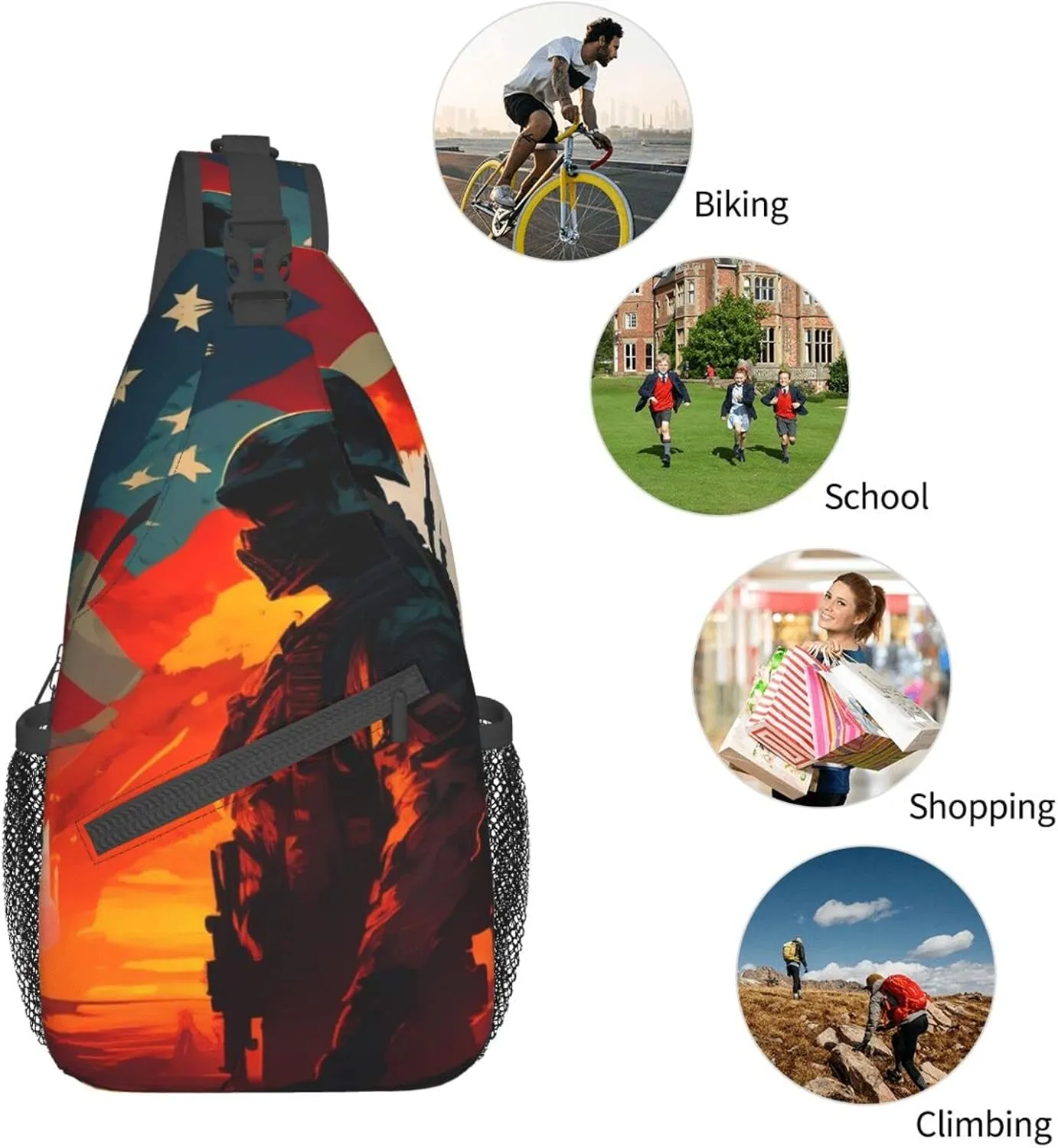 American Flag Veterans Day Outdoor Cross-body Shoulder Bag, Unisex Backpack For Women Men Young Hiking Travel