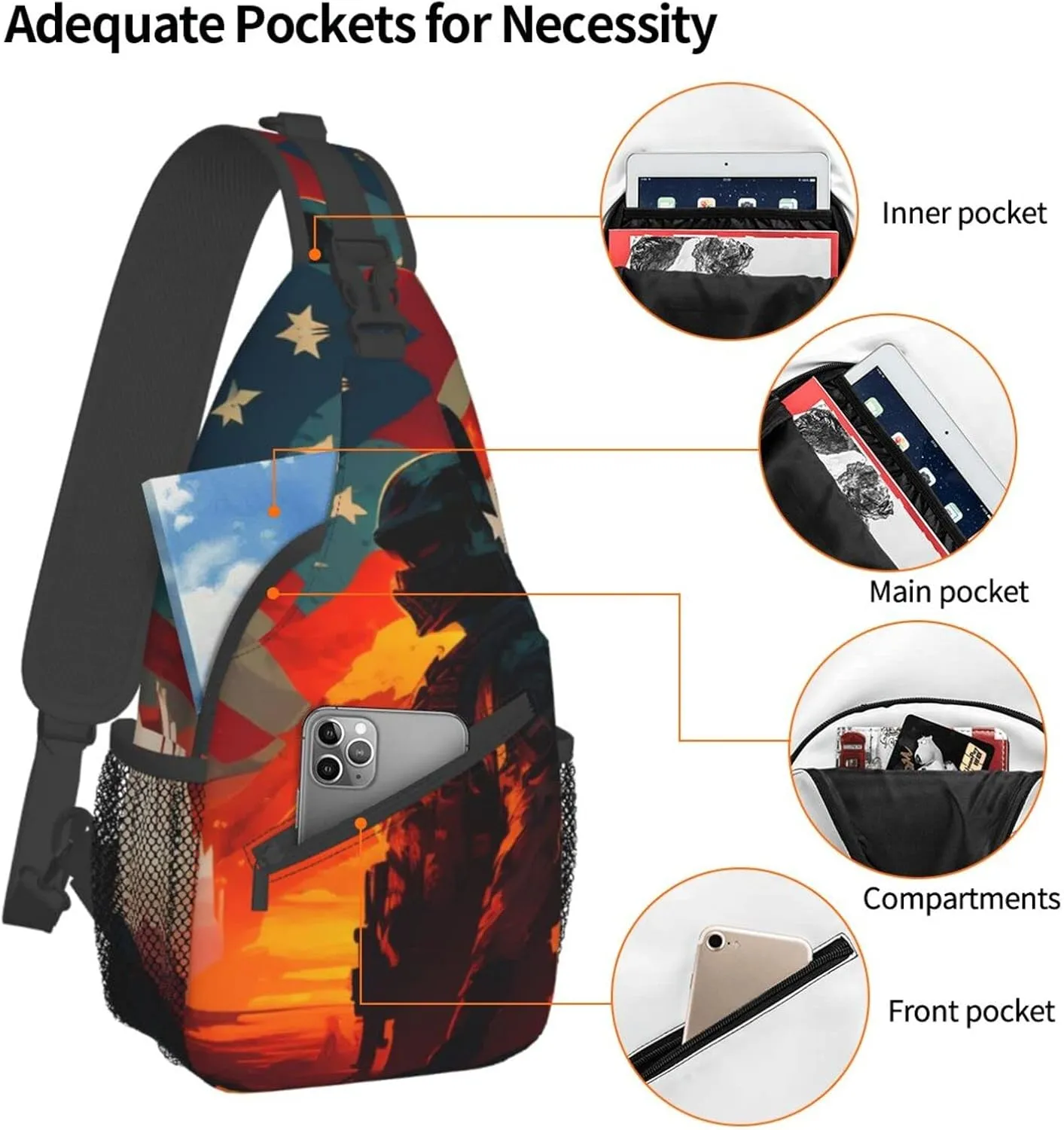 American Flag Veterans Day Outdoor Cross-body Shoulder Bag, Unisex Backpack For Women Men Young Hiking Travel