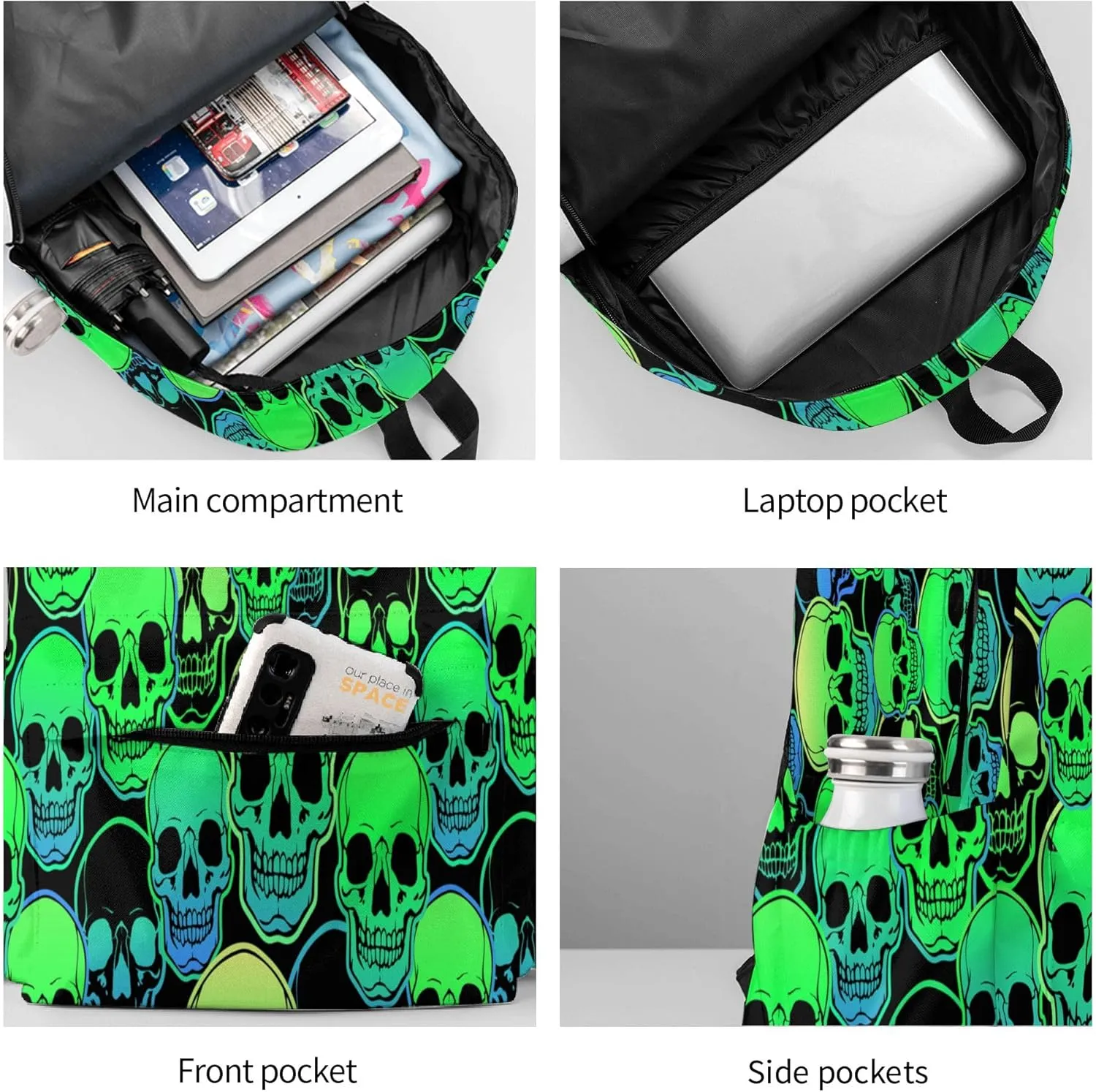 AMRANDOM Backpack Daypack Travel Bag for Women Men (Cool Green Gothic Skulls)