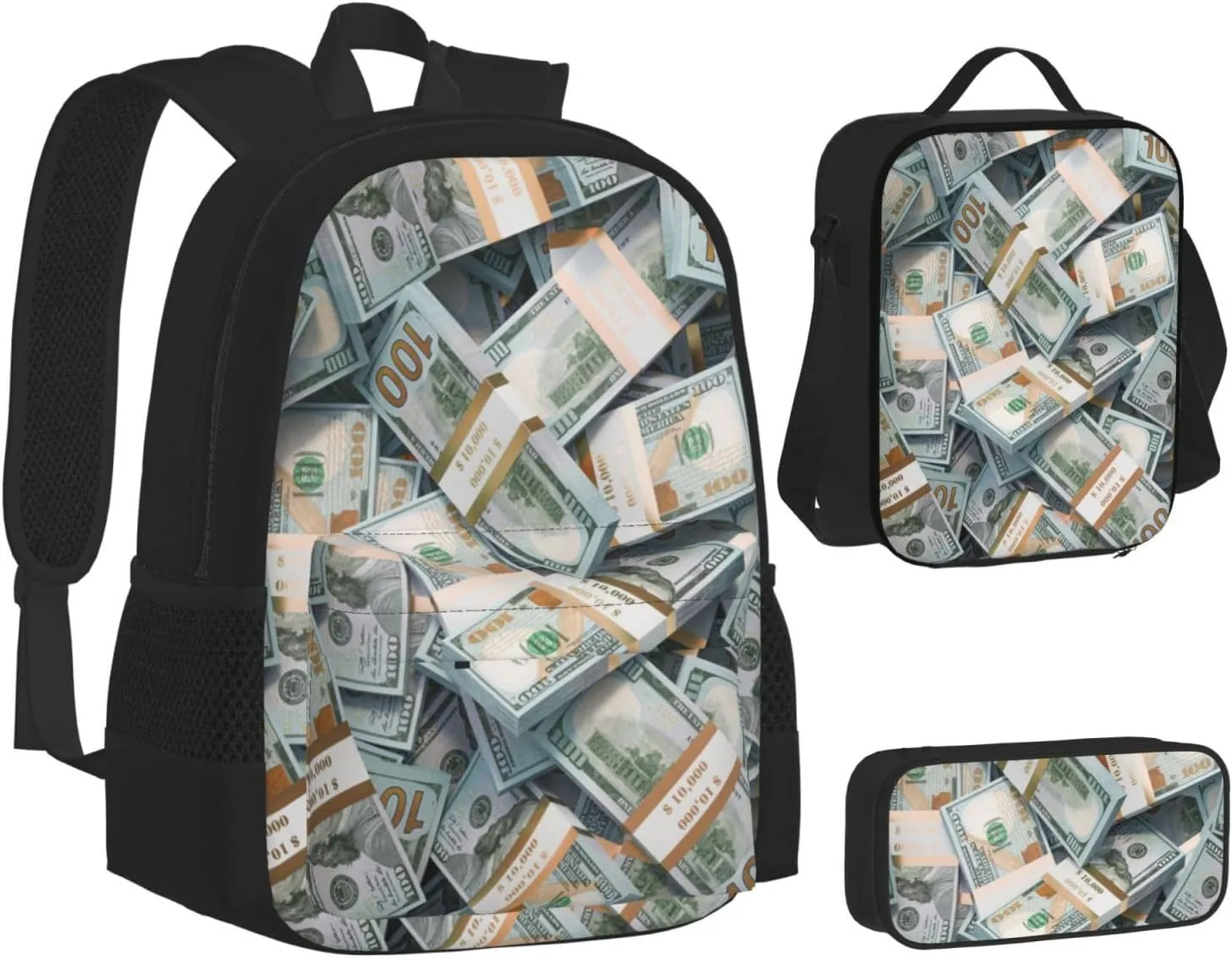 AMRANDOM Backpacks for Women Men money american bill dollar Backpack Casual Daypack Bookbag Lunch Bag 3pcs