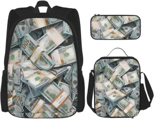 AMRANDOM Backpacks for Women Men money american bill dollar Backpack Casual Daypack Bookbag Lunch Bag 3pcs
