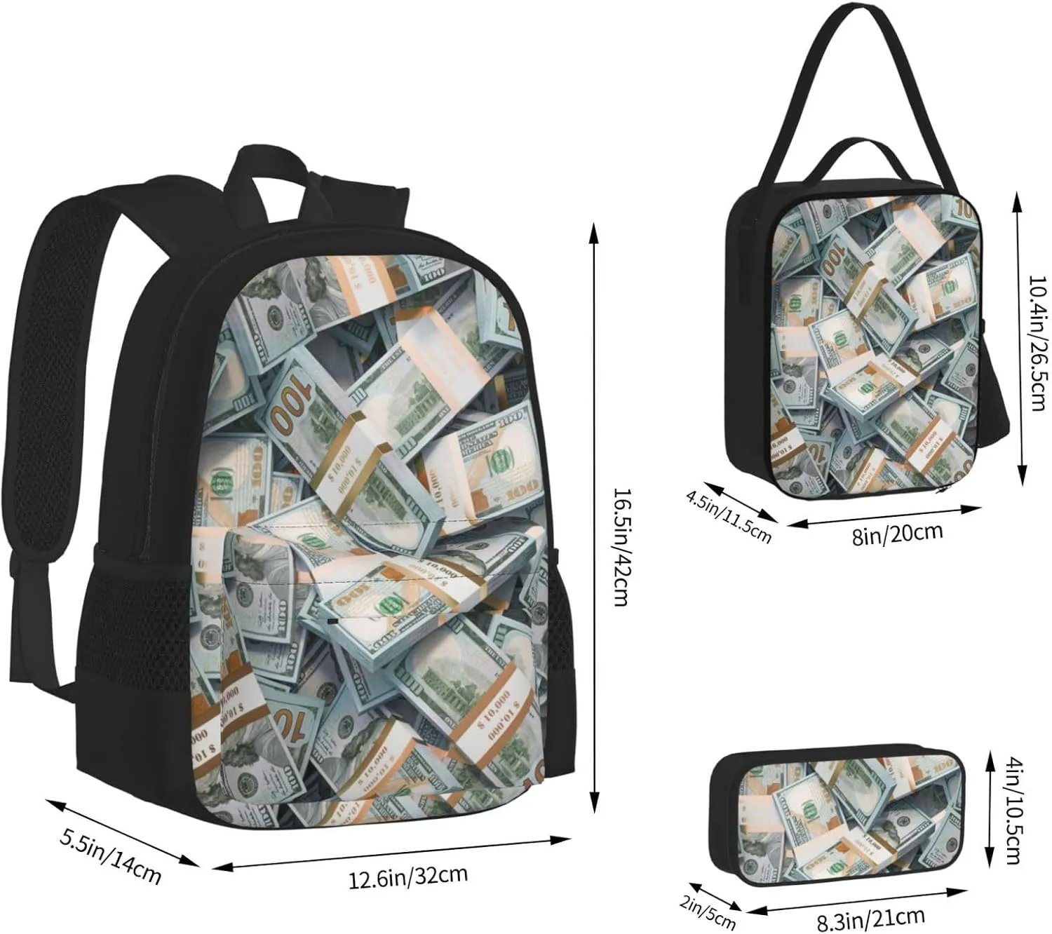 AMRANDOM Backpacks for Women Men money american bill dollar Backpack Casual Daypack Bookbag Lunch Bag 3pcs