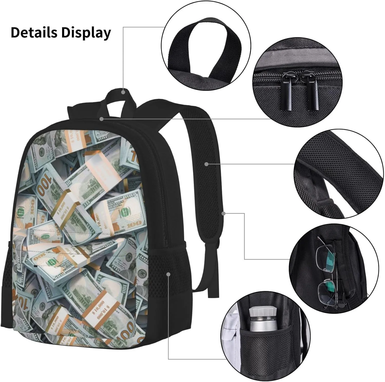 AMRANDOM Backpacks for Women Men money american bill dollar Backpack Casual Daypack Bookbag Lunch Bag 3pcs