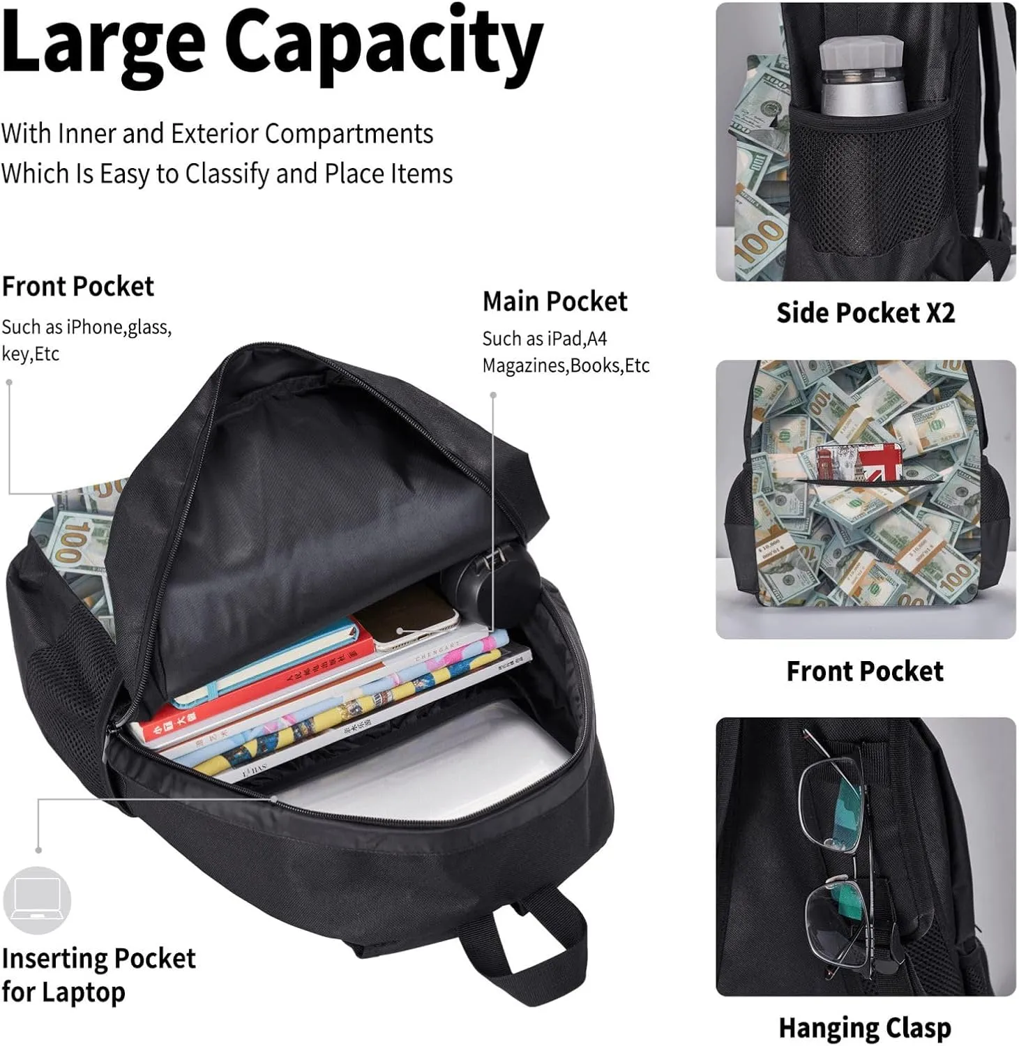 AMRANDOM Backpacks for Women Men money american bill dollar Backpack Casual Daypack Bookbag Lunch Bag 3pcs