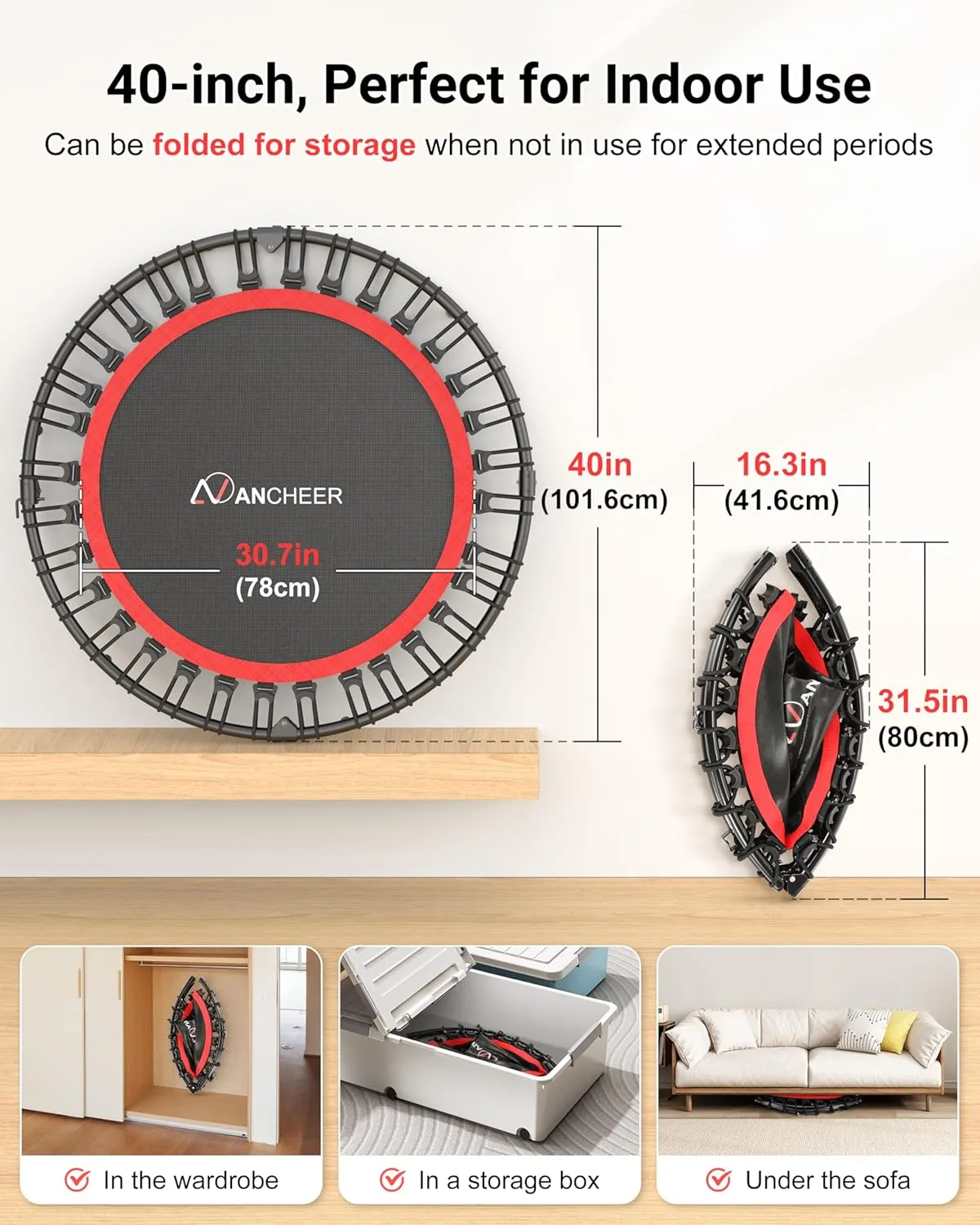 ANCHEER 40"/48" Foldable Rebounder Trampoline for Adults/Kids with Resistance Bands and Bungees, Indoor & Outdoor Mini Trampoline with Bar and Safety Padding - Max Load 450lbs/550lbs