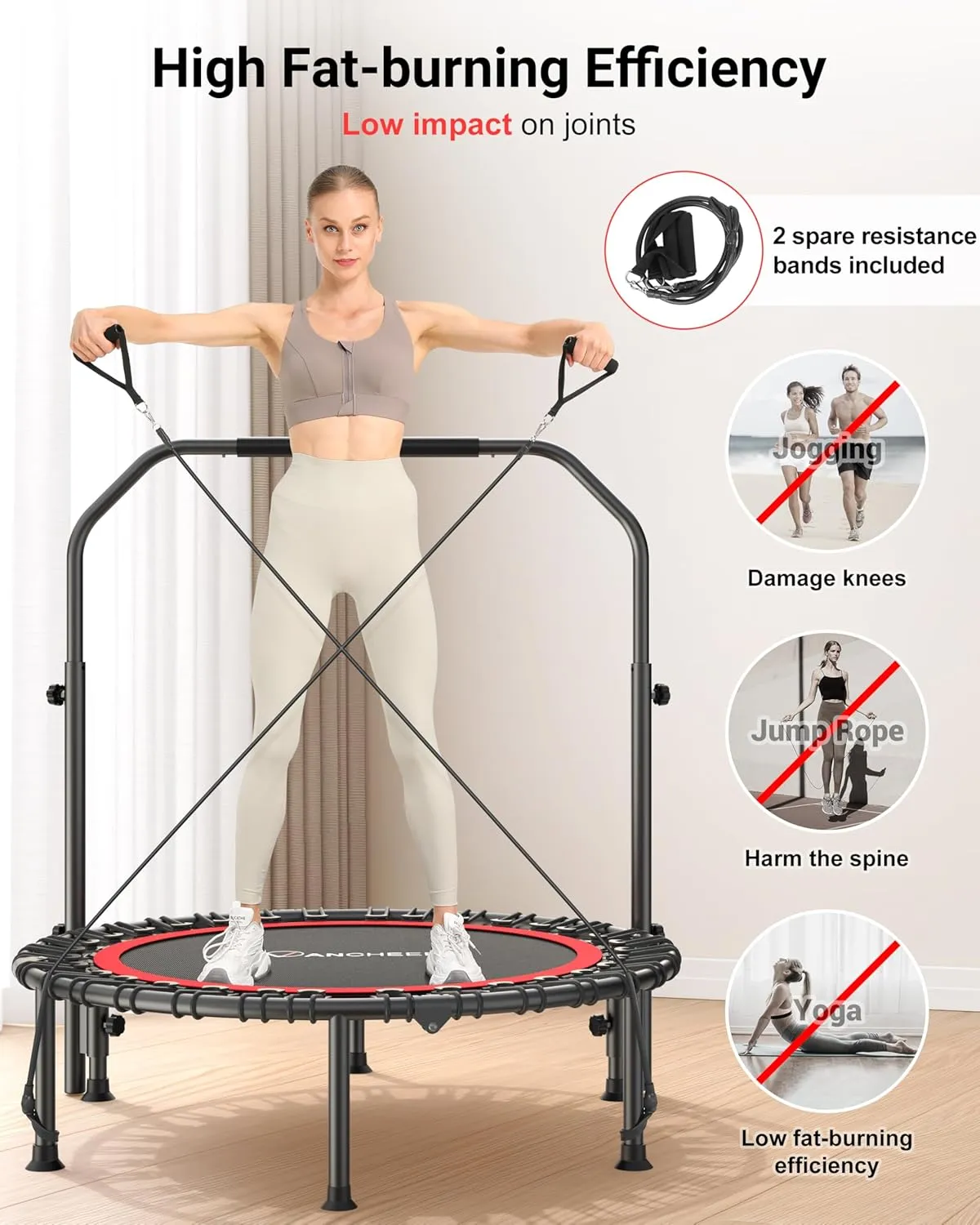 ANCHEER 40"/48" Foldable Rebounder Trampoline for Adults/Kids with Resistance Bands and Bungees, Indoor & Outdoor Mini Trampoline with Bar and Safety Padding - Max Load 450lbs/550lbs