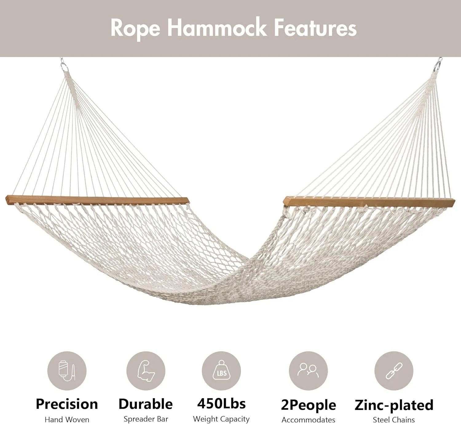 ANOW Rope Hammock Double Hammock with Hardwood Spreader Bar and Carrying Bag, 450 LBS Weight Capacity for Two Person, Natural