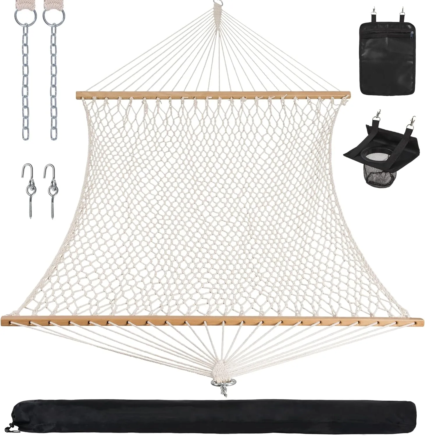 ANOW Rope Hammock Double Hammock with Hardwood Spreader Bar and Carrying Bag, 450 LBS Weight Capacity for Two Person, Natural