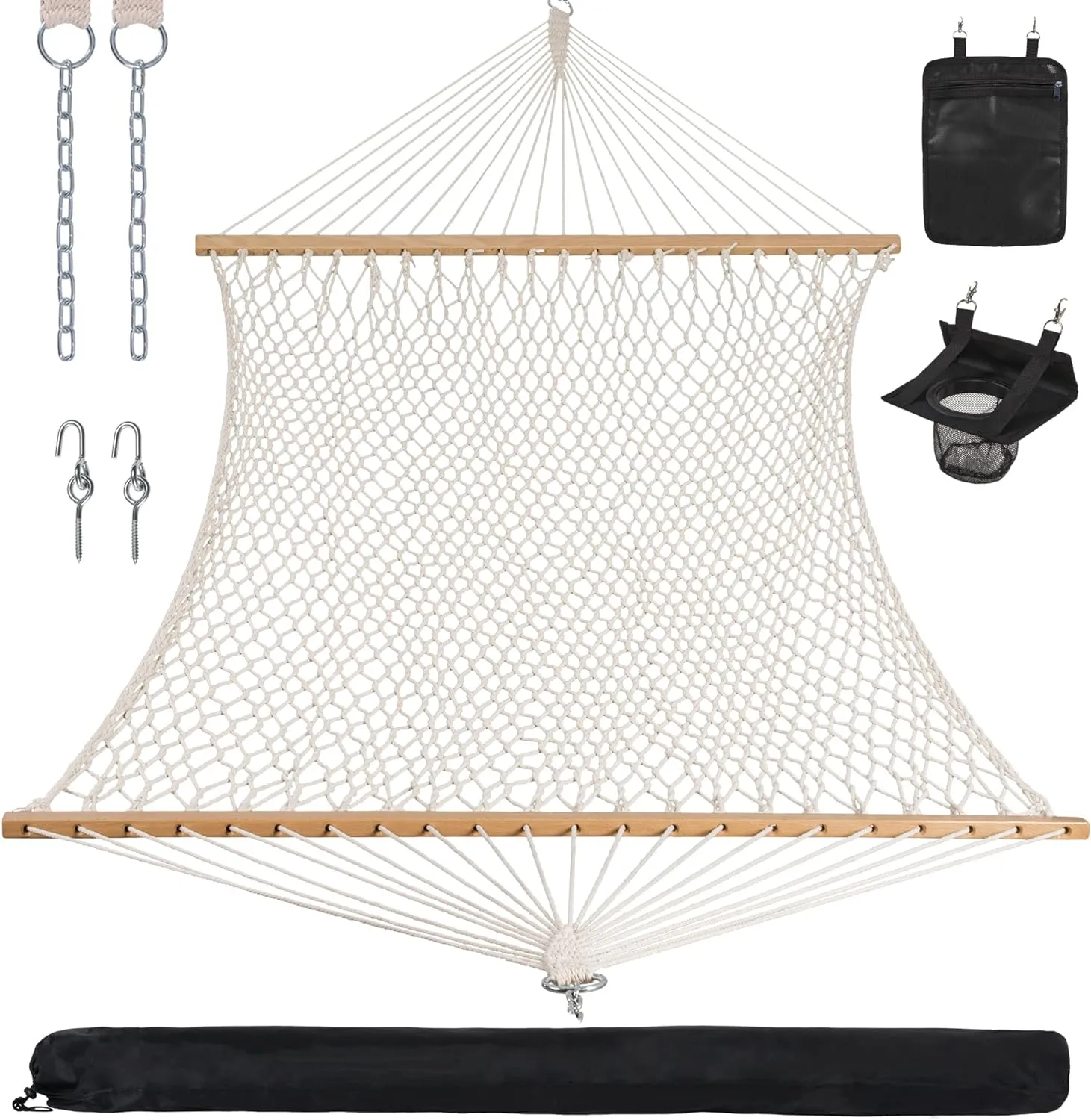 ANOW Rope Hammock Double Hammock with Hardwood Spreader Bar and Carrying Bag, 450 LBS Weight Capacity for Two Person, Natural