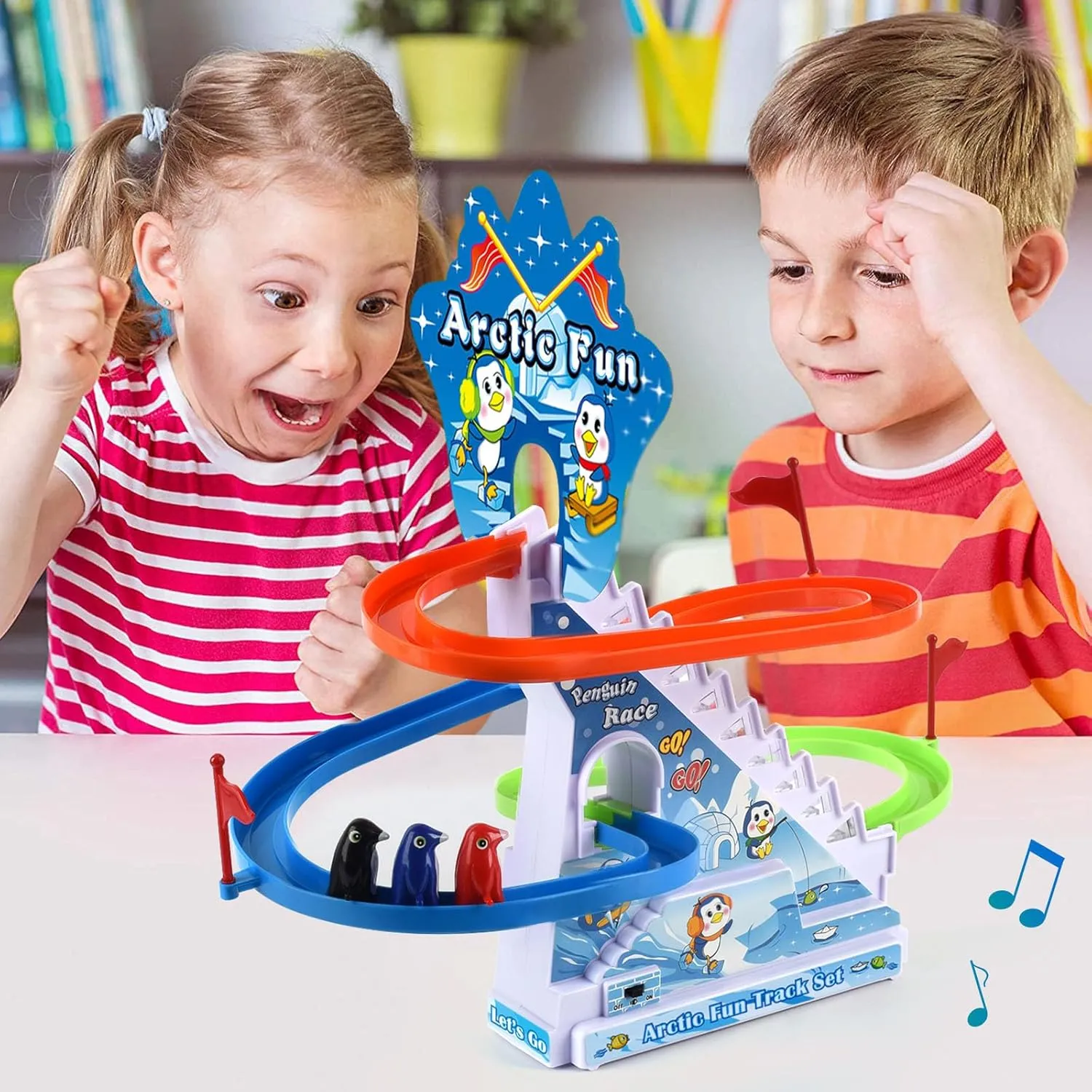 Arctic Fun Penguin Slide Toy Set: Stair Climbing Penguin Playset with Sliding Tracks, Music On/Off Switch for Quiet Play Option | Penguin Race Game for Kids Toddlers Boys and Girls