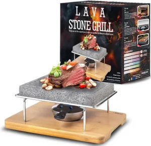 Artestia Lava Steak Stone Table Grill with Bamboo Tray Indoor Outdoor Smokeless Grill Meat, Veggies for BBQ Party, One Rechaud (8.46"*6.49")