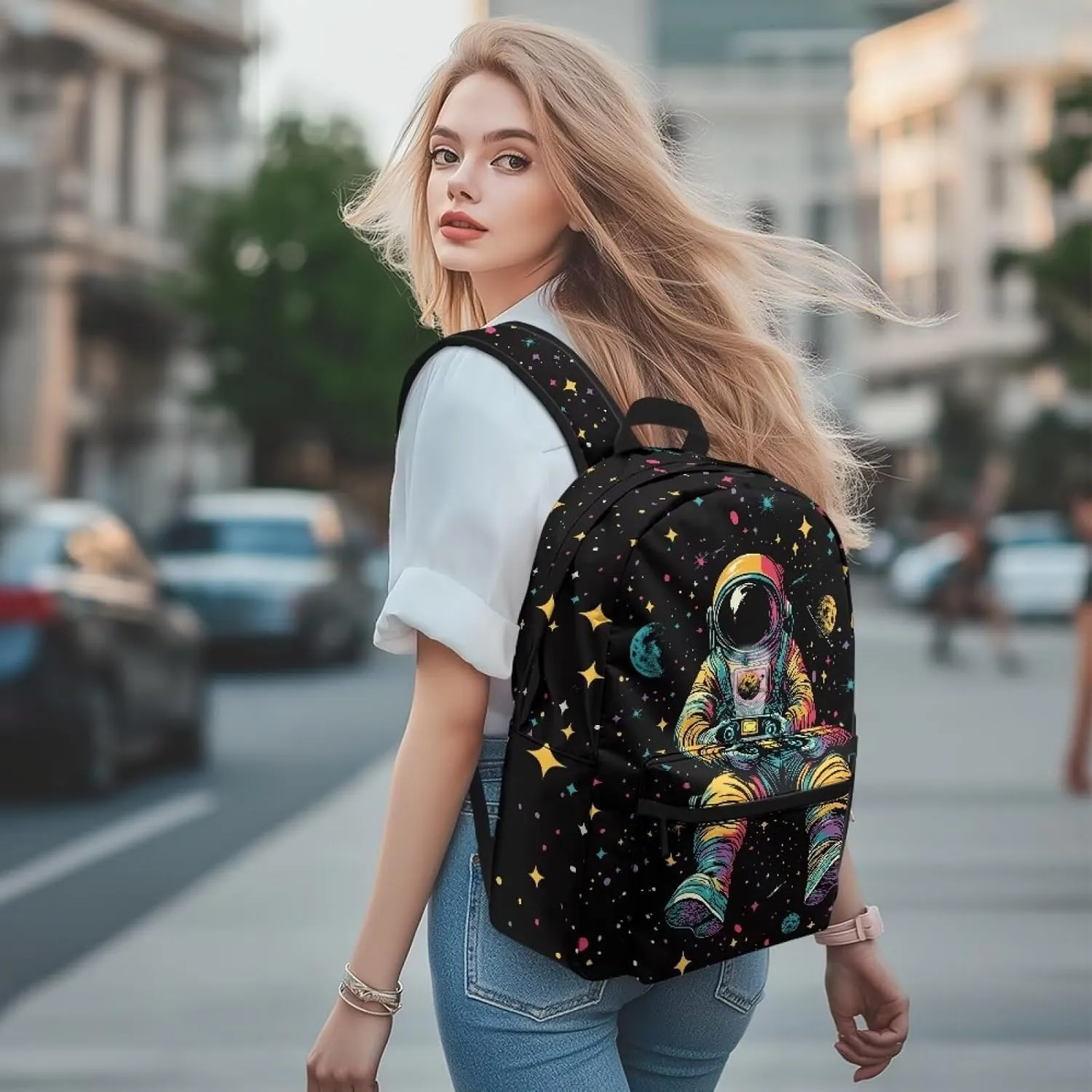 Astronaut Star Stylish Commuter Backpack for Mens Trendy Zippered Daypack Purse with Adjustable Straps Polyester Back Pack Ideal for Travel Camping