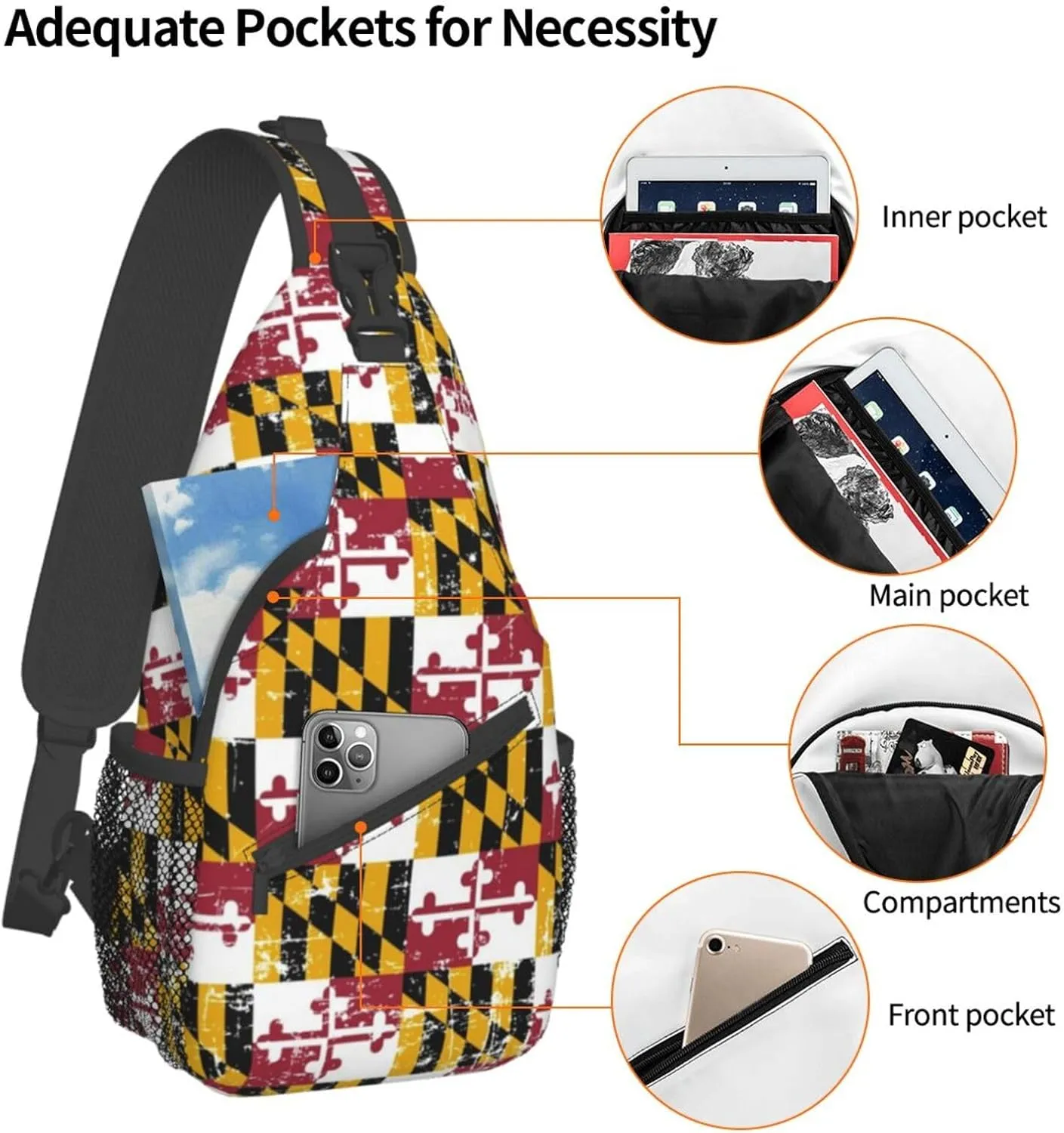 ASYG Cute Maryland Flag Sling Backpack, Multipurpose Maryland Crossbody Shoulder Bag Travel Hiking Daypack for Men Women