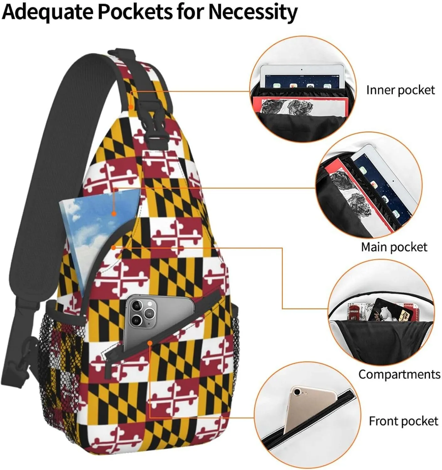 ASYG Cute Maryland Flag Sling Backpack, Multipurpose Maryland Crossbody Shoulder Bag Travel Hiking Daypack for Men Women