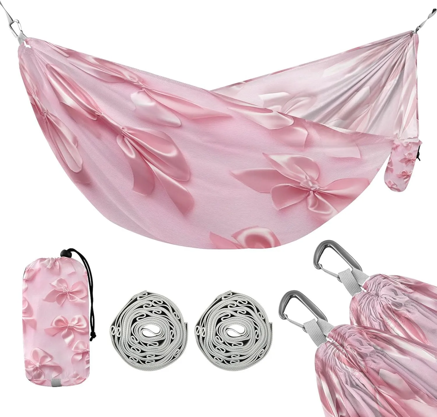 ATTX Pink Bows Camping Hammock - Lightweight & Portable Hammocks, Heavy Duty 330lbs Capacity for Indoor, Hiking, Backpacking, Travel, Backyard, Beach#534