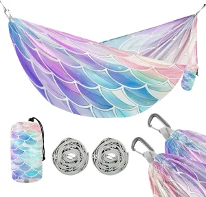 ATTX Rainbow Mermaid Camping Hammock - Lightweight & Portable Hammocks, Heavy Duty 330lbs Capacity for Indoor, Hiking, Backpacking, Travel, Backyard, Beach#258