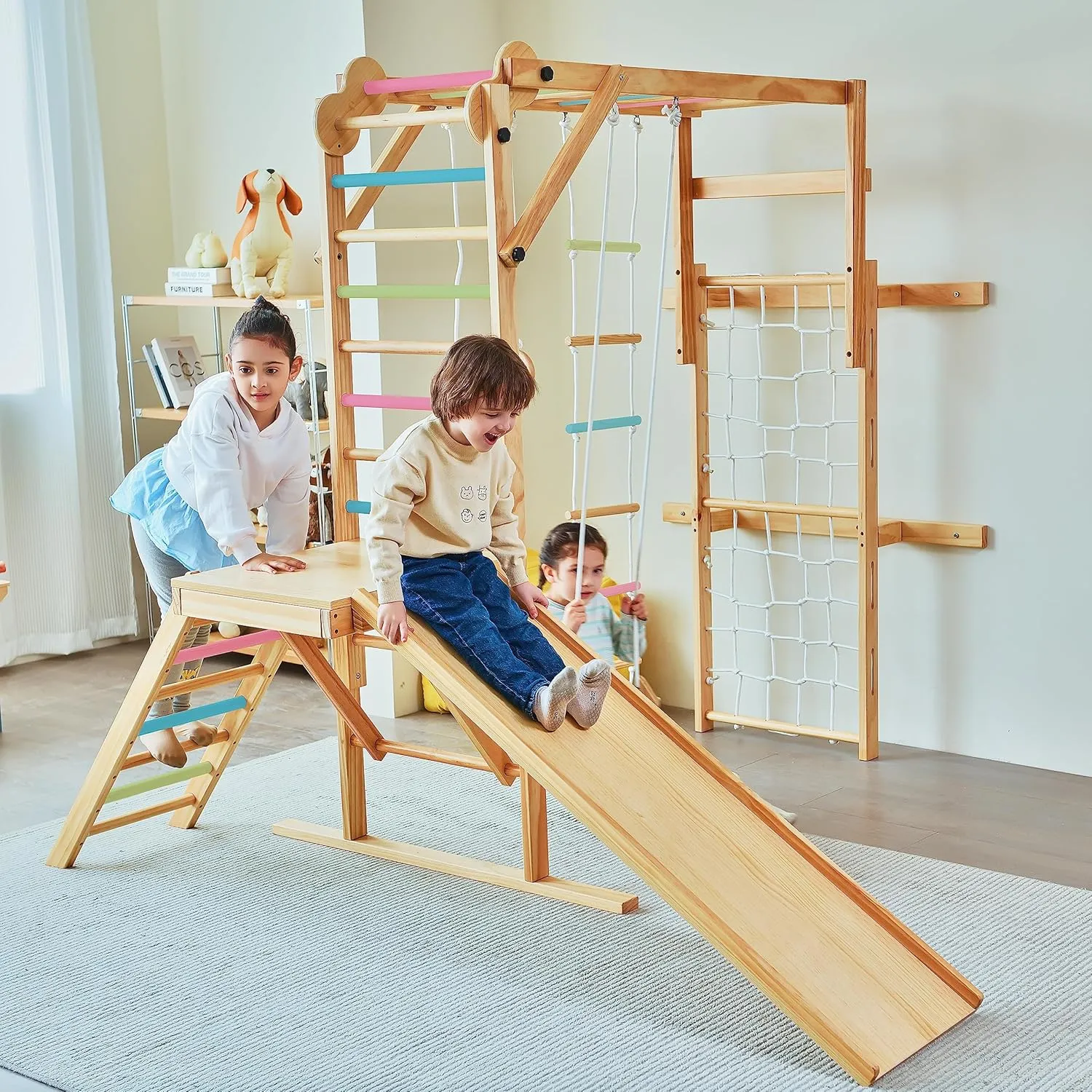 Avenlur Grove 8-in-1 Indoor Jungle Gym with Gymnastic Rings, Climbing Rope, Swing, Slide, Monkey Bars, Rope Wall Net, and Wooden and Rope Ladder - Jungle Play Set for Kids Ages 2-11 Years Old