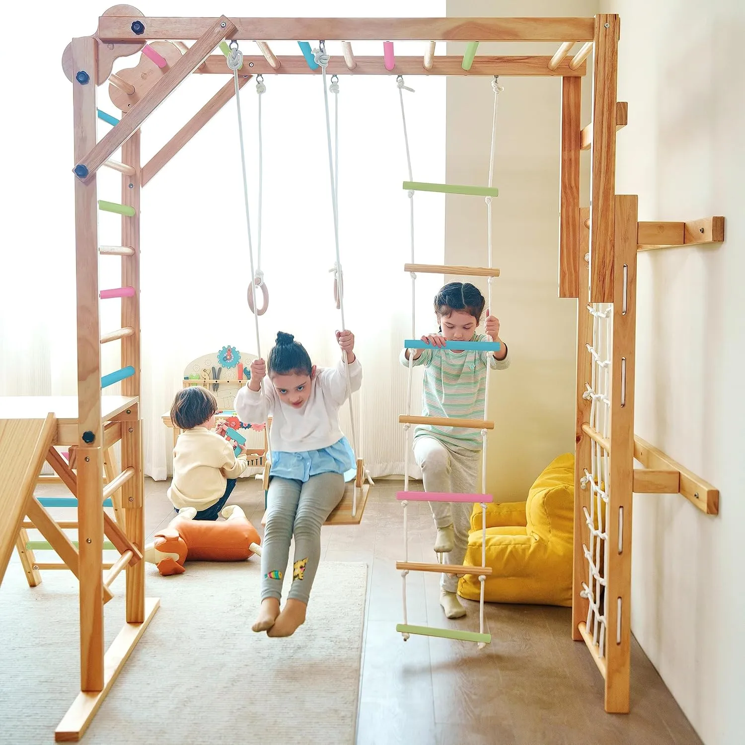 Avenlur Grove 8-in-1 Indoor Jungle Gym with Gymnastic Rings, Climbing Rope, Swing, Slide, Monkey Bars, Rope Wall Net, and Wooden and Rope Ladder - Jungle Play Set for Kids Ages 2-11 Years Old