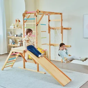 Avenlur Grove 8-in-1 Indoor Jungle Gym with Gymnastic Rings, Climbing Rope, Swing, Slide, Monkey Bars, Rope Wall Net, and Wooden and Rope Ladder - Jungle Play Set for Kids Ages 2-11 Years Old