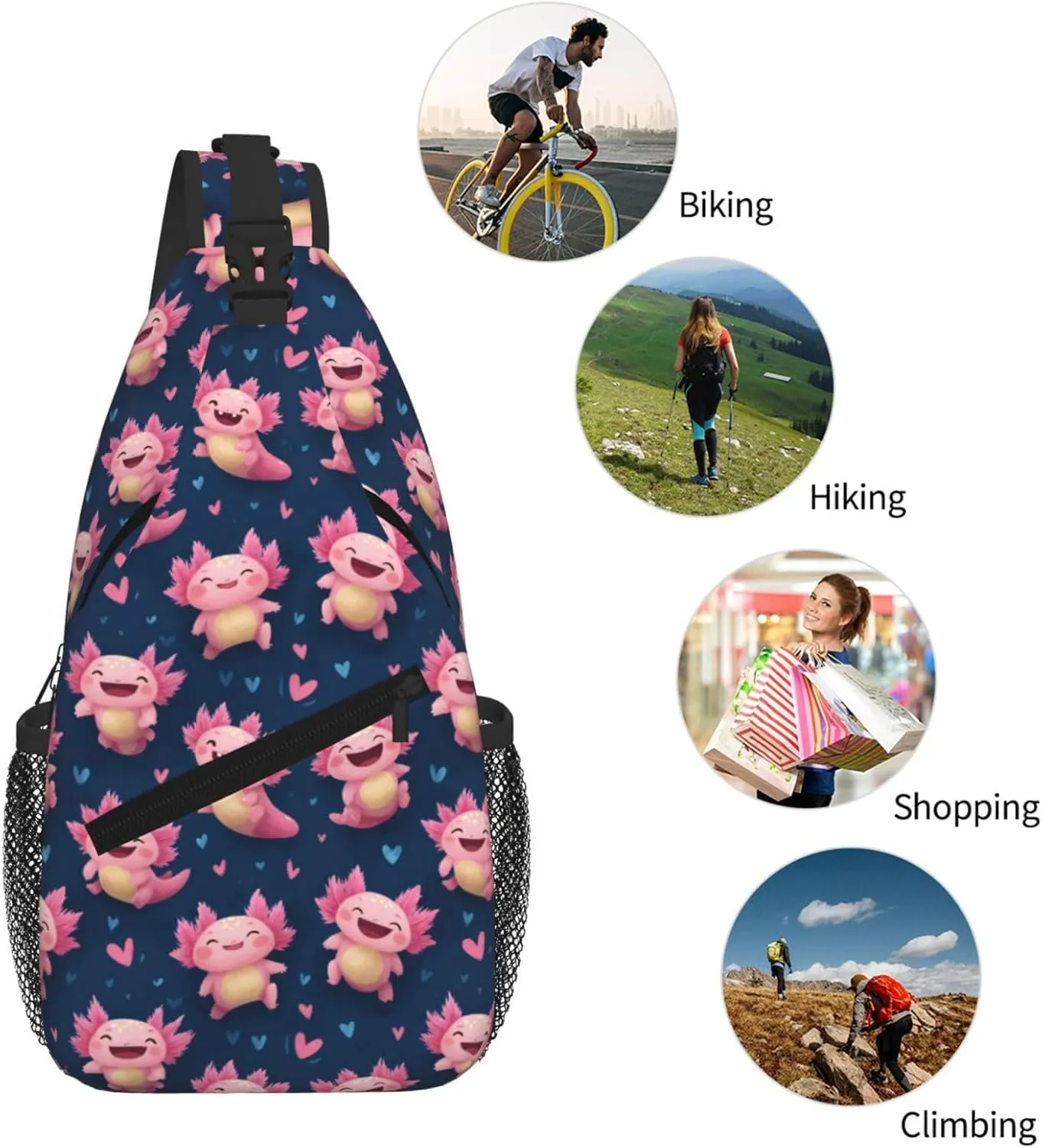 Axolotl Sling Bag Crossbody Backpack Shoulder Daypack Multipurpose Cross Body Chest Bag for Men Women Travel Hiking Sports Gym