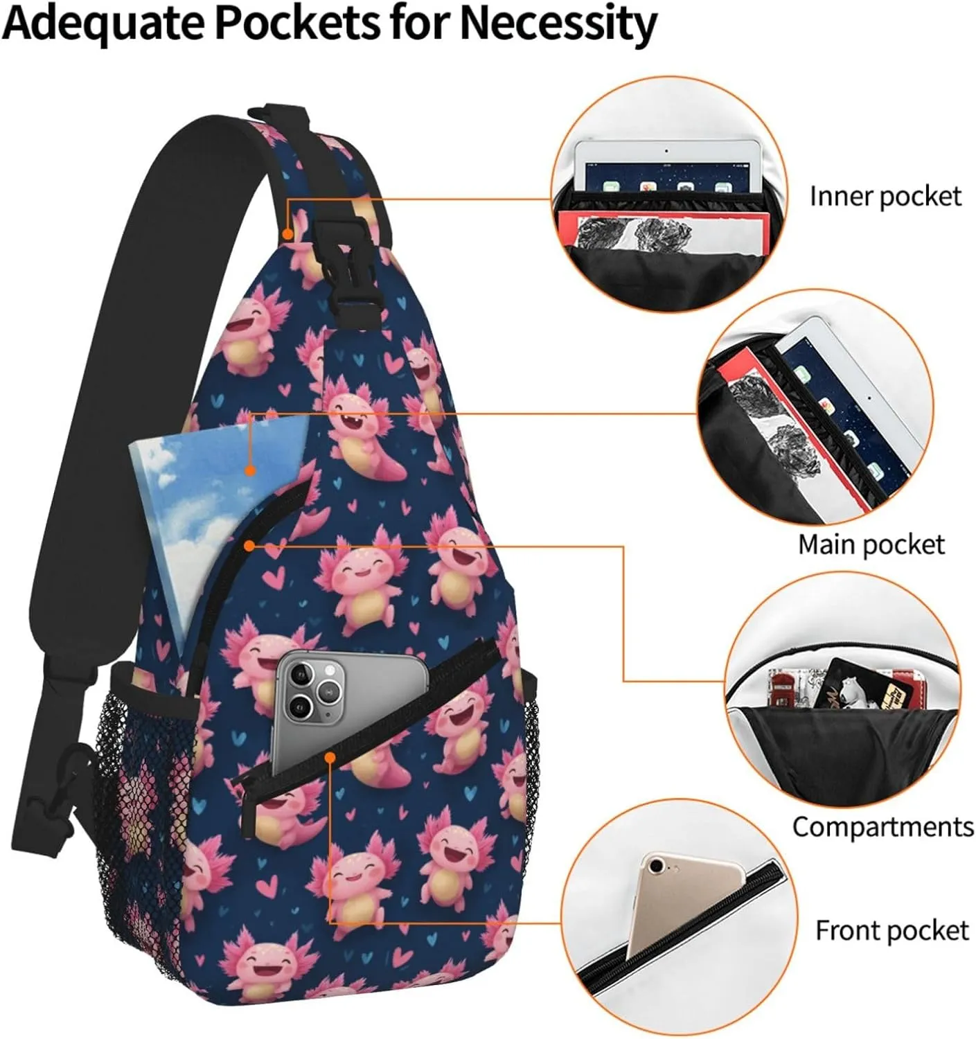 Axolotl Sling Bag Crossbody Backpack Shoulder Daypack Multipurpose Cross Body Chest Bag for Men Women Travel Hiking Sports Gym