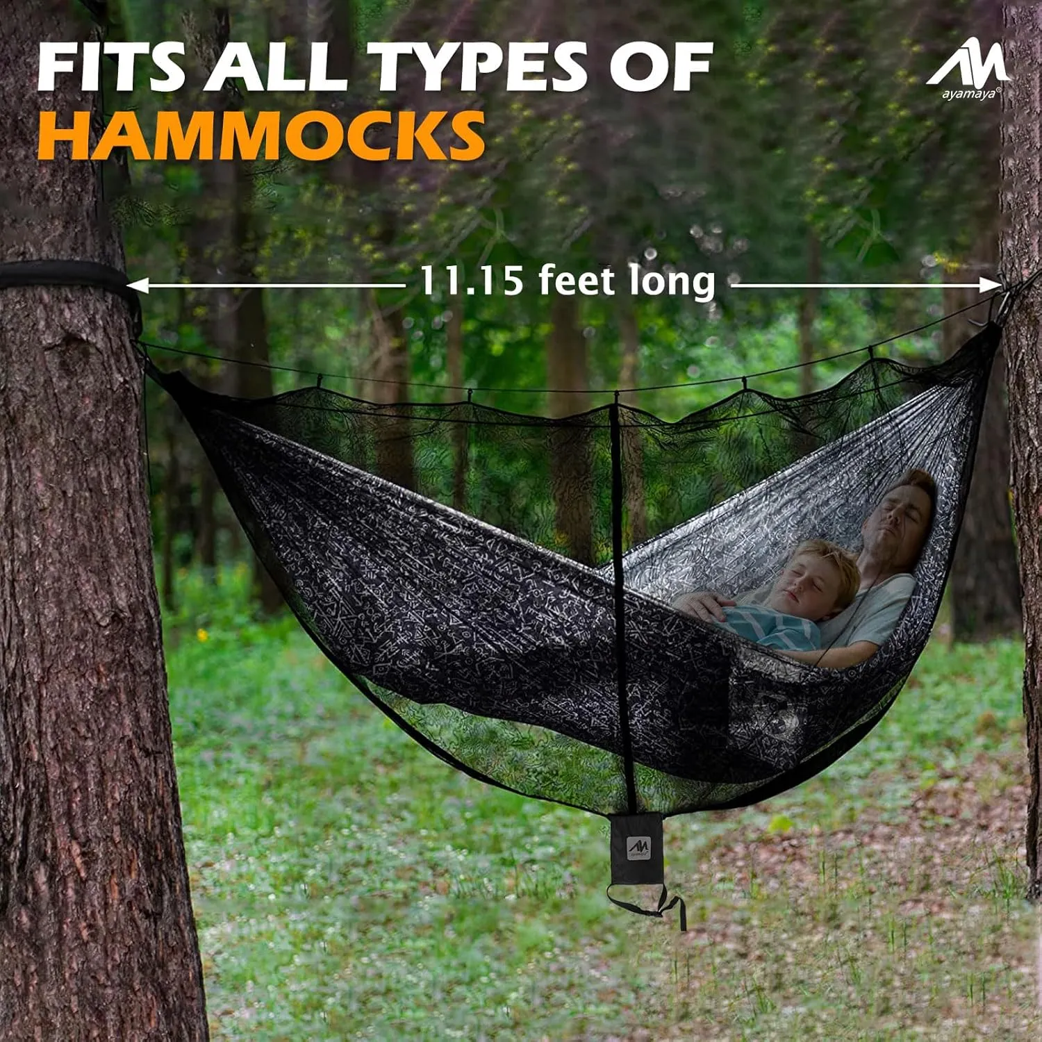 AYAMAYA Hammock Bug Net - 11.15ft Superfine Mosquito Net for Hammocks,w/Double-Sided Zipper, Lightweight Portable Hammock Netting,Fast and Easy Set Up, Fits All Camping Hammocks