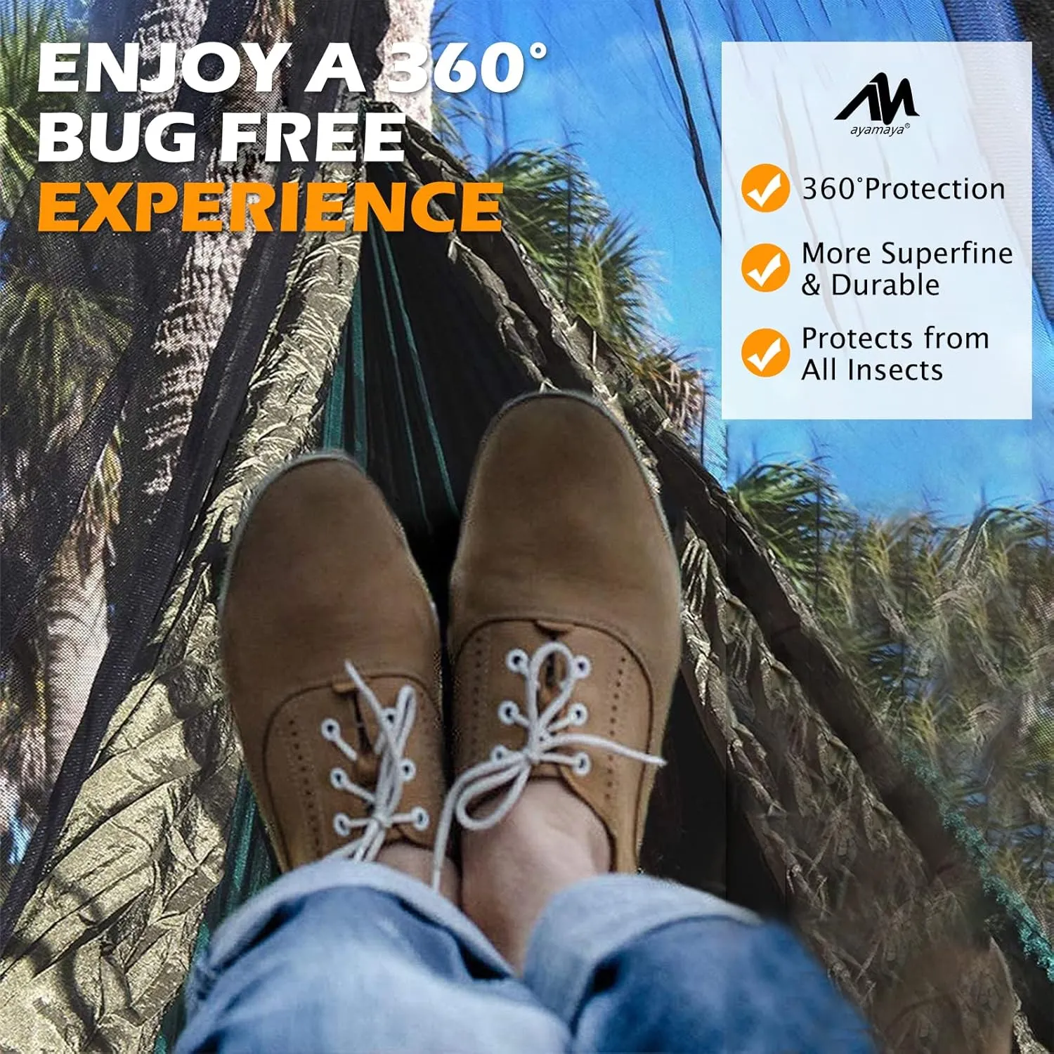 AYAMAYA Hammock Bug Net - 11.15ft Superfine Mosquito Net for Hammocks,w/Double-Sided Zipper, Lightweight Portable Hammock Netting,Fast and Easy Set Up, Fits All Camping Hammocks