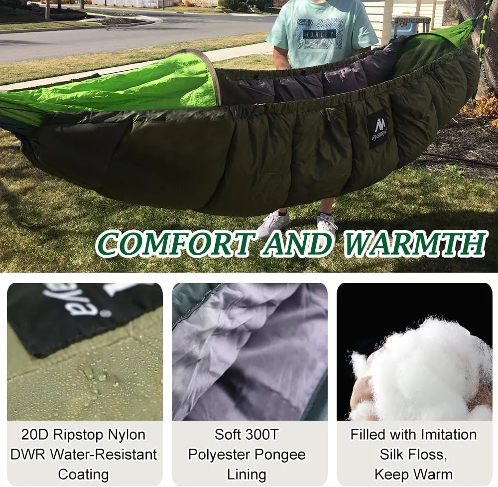 AYAMAYA Single & Double Hammock Underquilt Full Length Big Size Under Quilts for Hammocks, Camping Backpacking Essential, Winter Cold Weather Warm UQ Blanket Bottom Insulation