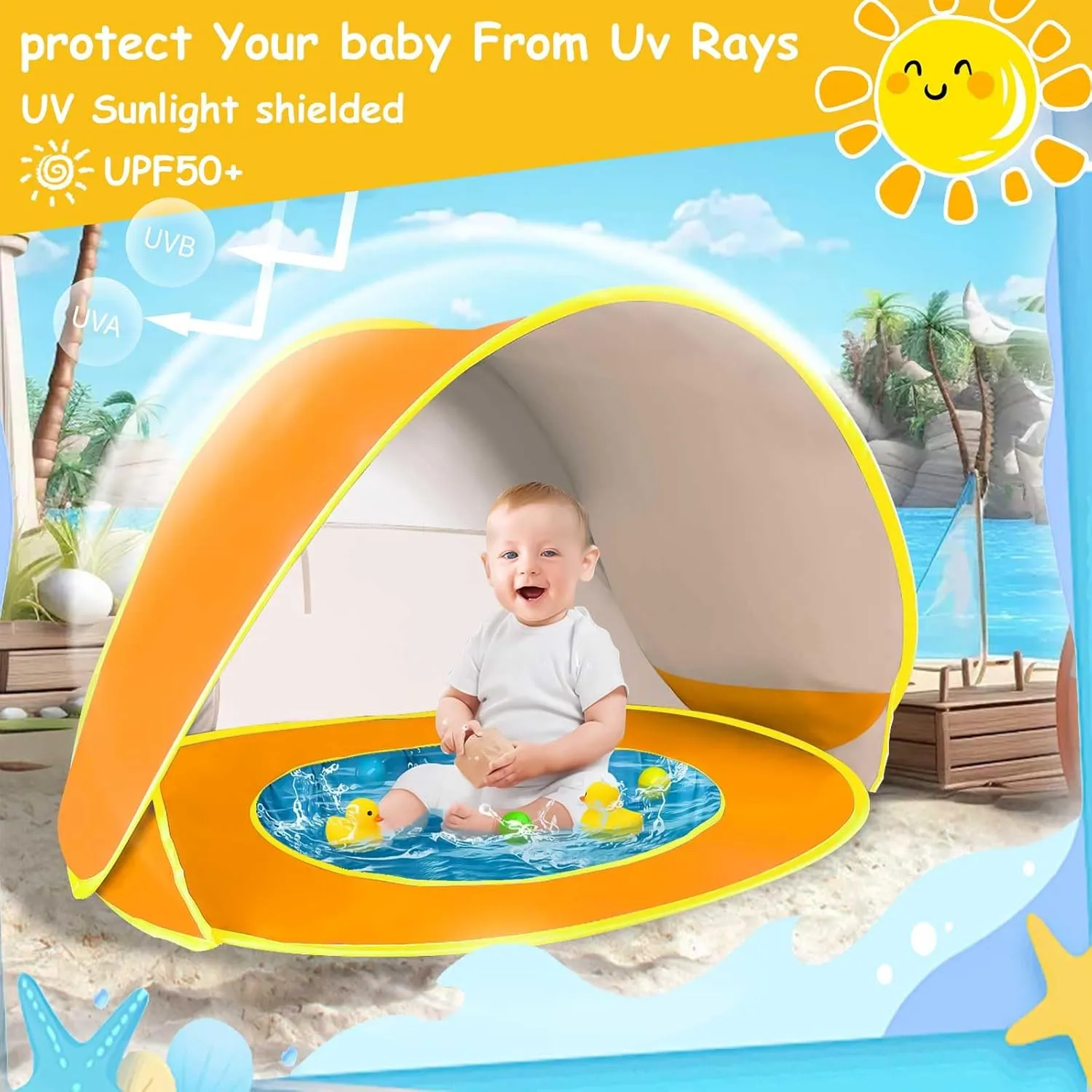 Baby Beach Tent with Beach Sand Toys, Pop Up Portable Shade Pool, Protection Infant Sun Shelters Beach Shade Tent for Aged 0-3 Baby and Kids (Orange)