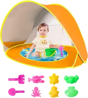 Baby Beach Tent with Beach Sand Toys, Pop Up Portable Shade Pool, Protection Infant Sun Shelters Beach Shade Tent for Aged 0-3 Baby and Kids (Orange)